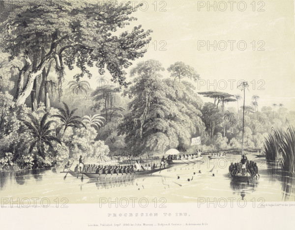 Procession to Ibu, 1840. West African expedition. A canoe appears to have sunk - men are seen in the water. Europeans sit under the white umbrella in the centre, with a union jack and a drummer in the prow. From "Picturesque Views on the River Niger, sketched during Lander's Last Visit in 1832-33" by Captain William Allen, R.N. and John Lander.
