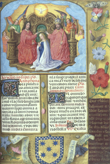 Coronation of Virgin Mary, c1490-1497. Sanctorale; feast of the Coronation of the Virgin; The Virgin kneeling, with Holy Spirit above; angels playing harp, fiddle,and lute. Text with decorated initials. Borders of trompe l'oeil decoration with flowers and insects. At foot, the arms of Francisco de Rojas, with scrolls containing inscription from John 1, 5, and a dedicatory inscription. From the Isabella Breviary.