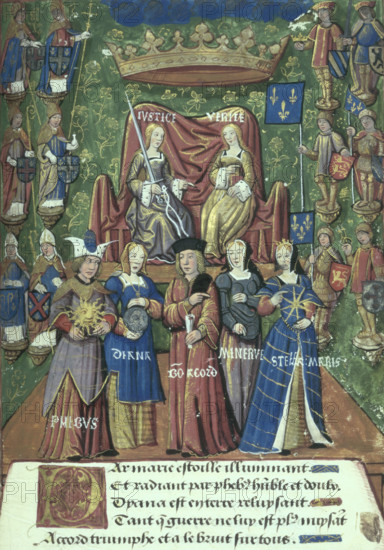 Pageant at the Châtelet, 1514. Spectacle staged for the royal entry of Mary Tudor into Paris. Justice and Truth descending from heaven, attended by classical and symbolic figures. On the left, the sun god Phoebus, representing the King, gives light to Diana the moon goddess, representing France. Other figures include 'Minerve' (the goddess Minerva), and 'Stella Maris' (Our Lady, Star of the Sea - ie the Virgin Mary). From Pageants for the marriage of Mary Tudor, sister of Henry VIII, to Louis XII of France.