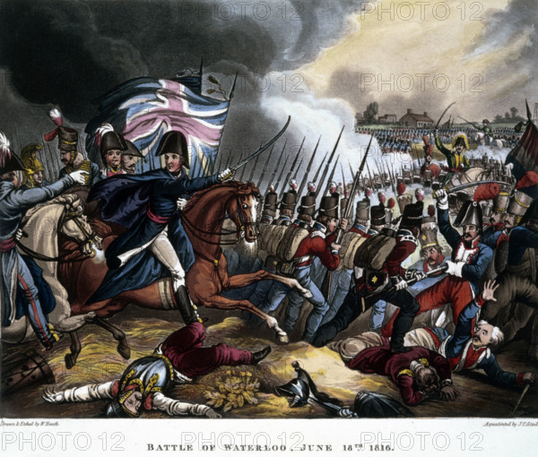 Battle of Waterloo, June 18th 1815, (1819). Depicting Arthur Wellesley, the Duke of Wellington. The defeat of the French forces of Napoleon Bonaparte. The last major battle of the Napoleonic wars. From "The wars of Wellington, a narrative poem" by Doctor Syntax. [London, 1819]