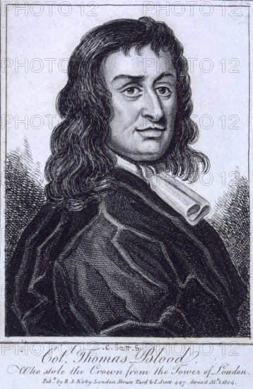 Colonel Thomas Blood, Who stole the Crown from the Tower of London, 1813. Blood (c1618-1680) was an Irish adventurer. He first plotted to seize Dublin Castle, then after that plot was discovered, he broke into the Tower of London in 1671, with three accomplices and they stole the crown and orb. He was captured but later pardoned by Charles II. From "Portraits, Memoirs, and Characters, of Remarkable Persons, from the Revolution in 1688 to the End of the Reign of George II; Collected from the Most Authentic Accounts Extant by James Caulfield".