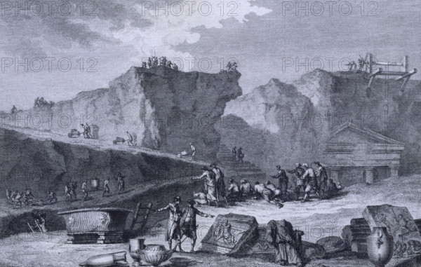 Excavation work at Herculaneum, Italy, 1781. Archaeological dig at the buried Roman city. From "Voyage pittoresque ou description des royaumes de Naples et de Sicile" by Jean Claude Richard Saint-Non.