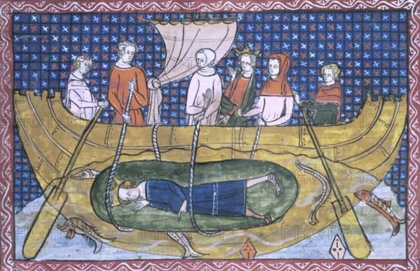 Alexander the Great lowered into the sea in a glass bell, 1350. It is said that Alexander was lowered into the sea in a sealed cask because he wanted to see the seabed. From "La Vraie Hystoire du Bon Roy Alixandre".