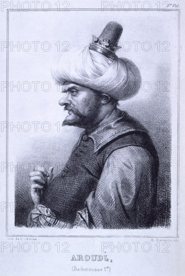 Aroudj, (Barberousse 1er), 1837. Barbarossa II, Bey of Algiers, Khair-ed-Din, (c1465-1546) also known as Aruj, or Oruç, Reis, was a Turkish pirate, privateer and later Admiral in Ottoman service who became known as Barbarossa - or Redbeard. From "Fondation de la Regence d'Algerie".