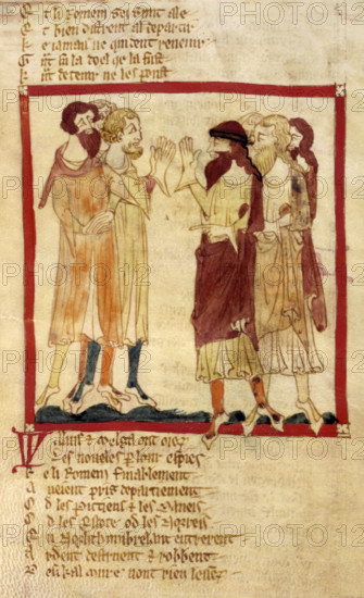 The departure of the Romans, 14th century. The scene as envisaged by a medieval artist. The Romans, who were clean-shaven, are depicted with beards. From Romances in French verse.