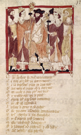 King Arthur's coronation, 14th century. Geoffrey of Monmouth's legendary history of Britain was popularised by a poet called Wace, who in about 1155 produced a French poem called Brut, after Brutus, the supposed founder of Britain, which drew heavily on Geoffrey's work. The legend of the round table makes its first appearance in Wace. From Romances in French verse.