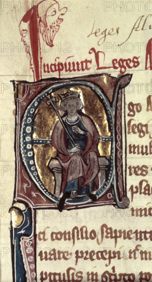 King Alfred the Great enthroned, 14th century. Portrait of Alfred within an illuminated Initial 'E'.
