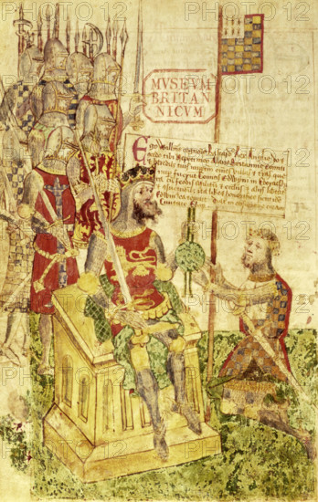 William I receives the allegiance of a knight, late15th century. King William I (the Conqueror) receives the allegiance of his nephew Alain le Roux, Earl of Brittany, and grants him a charter of the Honor of Richmond [co. Yorks.] William sits on his throne wearing full armour and his coat of arms depicting lions. The Count kneels to offer his loyalty. Other knights in armour stand behind. With a panel of Latin text. From the Register of the Honour of Richmond.