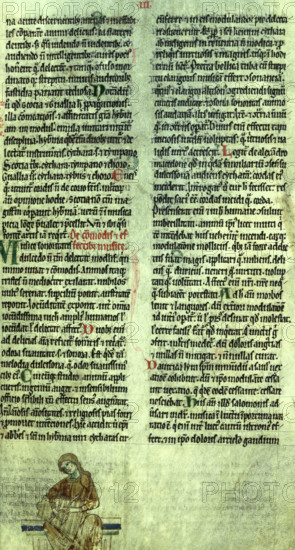 Irish harp player and text, after c1170. A page of illustrated text from the "Topography of Ireland" by Gerald of Wales, a work describing legends and curiosities. Gerald was a scholar and traveller, visiting the pope in Rome three times. He was one of the most lively and entertaining medieval Latin writers. The illustrations from the manuscript are perhaps derived from drawings by Gerald himself.