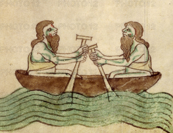 The men of Connaught in a coracle, after c1170. Two bearded Irishmen rowing a round skin boat. From the "Topography of Ireland" by Gerald of Wales, a work describing legends and curiosities. Gerald was a scholar and traveller, visiting the pope in Rome three times. He was one of the most lively and entertaining medieval Latin writers. The illustrations from the manuscript are perhaps derived from drawings by Gerald himself.