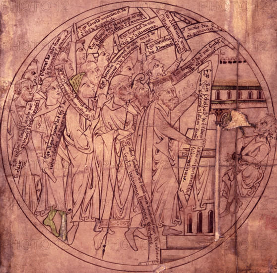 King Ethelbald and other benefactors placing records of their gifts on the altar of Crowland Abbey, Lincolnshire, c1210. Behind the altar, a demon is shown leaving a sick man who has been cured by the power of St Guthlac. Ethelbald founded the abbey in honour of the saint. This illustration, from a life of Guthlac, reflects the growth of the use of written documents in everyday life during the 12th century.