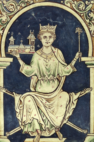 King Henry III with a representation of Westminister Abbey, c1250s. The king sits holding the abbey which, since early times, has been the main centre for coronations, weddings, funerals and other royal events. From "History of the English", by Matthew Paris the medieval chronicler.
