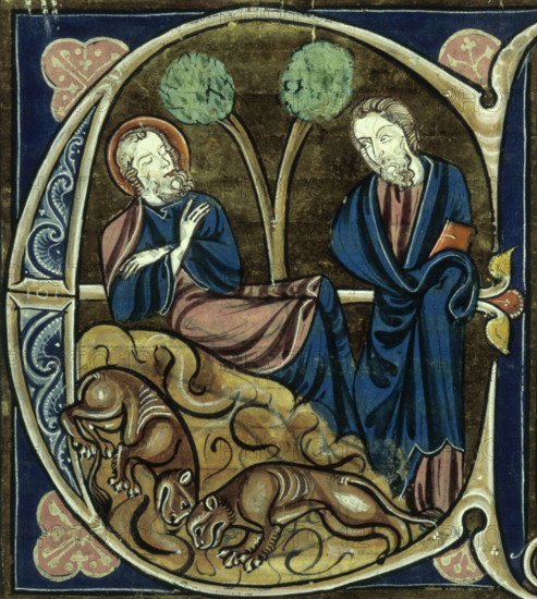 St Patrick sleeping, 13th century. Patrick is asleep on a rock, watched over by Christ, while beneath the rock are sleeping animals representing the unconverted.