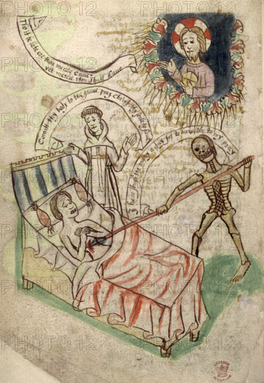 Man dying of the plague, 14th-15th century. A priest gives the last rites to a sufferer, as a smiling devil wounds him with a spear. God looks down from above. The Black Death, which arrived in 1348, killed about half of England's population of 5-6 million. Images of death pervade the art of post-plague England. Not only are images of mortality more frequent than before the plague, but they are more explicit in their dipiction of death and decay. This example is from an illustrated collection of English religious texts compled by a Carthusian monk in Yorkshire in the 15th century.