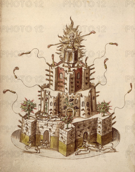 Firework display celebrating the marriage of Princess Elizabeth, c1613. This pyrotechnic construction was made for the wedding celebrations of James I's daughter, later Elizabeth, Queen of Bohemia, in 1613. Firework displays were already a popular event in the early seventeenth century.