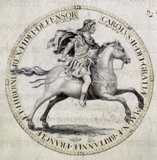 Royal seal of Charles II, 1662. Design for a great seal for the king, who is shown in a heroic pose astride a galloping horse, and dressed as a Roman emperor wearing a laurel wreath. The famous medallist and seal engraver Thomas Simon had produced coins and seals for Cromwell. After the Restoration, he was supplanted by a royalist, but petitioned Charles II for work. Charles was impressed, and Simon was eventually reinstated as the chief designer of coins and seals. This example is from a warrant authorising the making of the seal.
