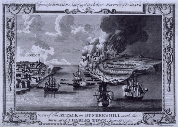 The Battle of Bunker Hill and the burning of Charlestown, America, on 17 June 1775, (c1775?). More than 18,000 American troops surrounding Boston were driven back by British forces supported by naval gunfire, with great losses on both sides, while the settlement of Charlestown was destroyed by shells fired from Boston. Bunker Hill was one of the first major engagements of the American War of Independence. 'View of The Attack on Bunker's Hill, with the Burning of Charles Town. Engraved for Barnard's New Complete & Authentic History of England'