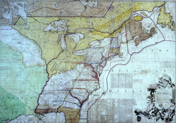 Map of the British Colonies in North America, c1770-c1783. This map is the one on which the British negotiators for peace with the Americans marked out their interpretation of the boundary between the United States and the provinces which later formed Canada. The new border was marked in red, so the map became known as the 'Red-lined map'. It was presented to George III to show him how the settlement worked on the ground. As the map was not included in the final treaty and as the printed map itself contained inaccuracies, further arbitration was later required. In full: 'Map of the British Colonies in North America with the Roads, Distances, Limits and Extent of the Settlements, Humbly Inscribed to the Right Honourable The Earl of Halifax And the Other Right Honourable The Lords commissioners for Trade & Plantations'. Colonial American physician and botanist John Mitchell (1711-1768) created the most comprehensive and perhaps largest 18th-century map of eastern North America, known tod...