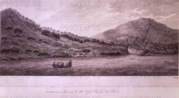 Endeavours River with the Vessel hauled on the Shore, 1770, (late 18th century). After leaving Botany Bay, Captain James Cook's ship the Endeavour ran aground on the Great Barrier Reef, and he was forced to stop in the Endeavour River to effect repairs. The expedition artist, Sydney Parkinson, drew this view which is the first know depiction of Australia's landscape. A settlement, (now Cooktown, Queensland), was established near this site.