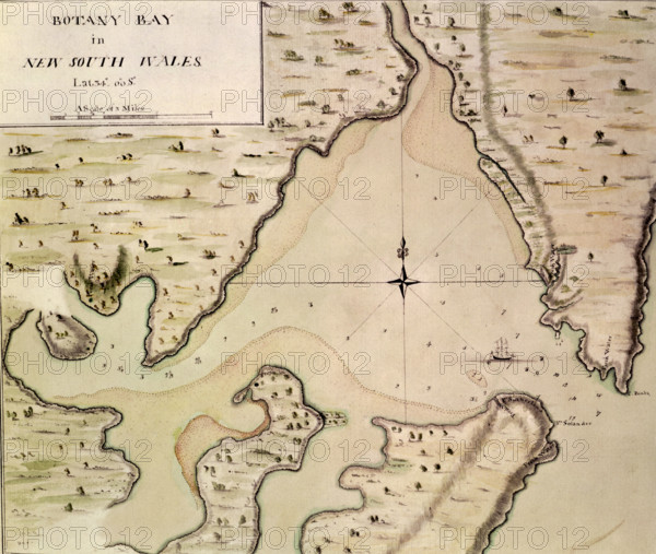 Map of Botany Bay, New South Wales, Australia, 1770. The chart made of Botany Bay during Cook's stay there, drawn probably by Cook himself. Prior to Cook's voyage, the west and south coasts of Australia had been visited by other European explorers, but the east coast was unexplored. Cook first sighted the eastern coast of Australia on 19 April 1770, and landed at Botany Bay, so called because of the large number of previously unknown plants collected there by the expedition's scientists. The bay now forms part of the southern suburbs of Sydney.