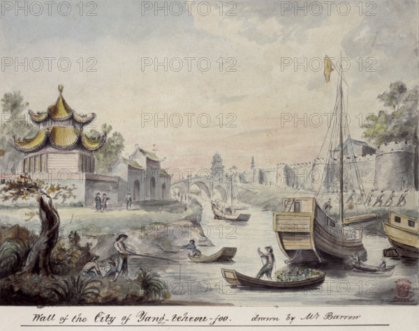 Wall of the City of Yang-teheou-foo, drawn by Mr. Barrow, 1793. This view of a Chinese walled city and boats was made during a mission to Peking, by Sir John Barrow. In 1793, George Macartney, 1st Viscount Macartney, travelled to Peking as ambassador of King George III, the first formal diplomatic contact between the two most powerful empires in the world at that time. Barrow was comptroller of Macartney's household during the trip to China and afterwards Secretary to the Admiralty.