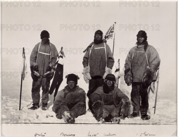 Members of Scott's expedition to the South Pole, 1912. From left to right, Captain Lawrence Oates, Lieutenant Henry Bowers, Robert Falcon Scott, Edward Wilson, and Petty Officer Edgar Evans. Scott and his team reached the South Pole on 18 January 1912, only to find that Amundsen had got there 35 days earlier. All died on the return journey; this is one of the photographs retrieved from Scott's tent after his death.