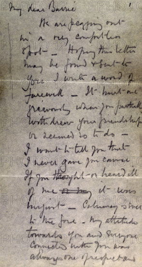 Scott's last letter from the Antarctic, 1912. 'My dear Barrie, we are pegging out in a very comfortless spot. Hoping this letter may be found & sent to you. I write a word of farewell. It hurt me grievously when you partially withdrew your friendship or seemed so to do. I want to tell you that I never gave you cause. If you thought - or heard ill of me…it was unjust. Calumny is [?] to the fore. My attitude towards you and everyone connected with you was always one of respect and admiration.' Scott's last letter was addressed to his friend JM Barrie, the author of Peter Pan. Scott begins with typical understatement, and goes on to express his sadness that there had been some cooling in their friendship, and assures Barrie of his continued affection. Scott and his party died on the return from the South Pole, having discovered that Amundsen had beaten them to the Pole thirty-five days earlier.