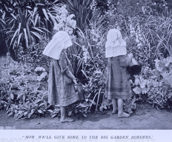 Now we'll give some to the big garden borders, 1908. Two girls watering plants. Gertrude Jekyll was one of the most influential of all English gardeners. This is an illustration from one of her books, "Children and Gardens".