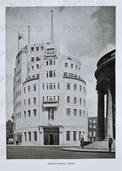 BBC Broadcasting House, London, 1930s. Broadcasting House, situated just north of Oxford Street, was designed by G Val Myer and opened in 1932. It contained 22 studios, including a concert hall, a hall for public debates and special studios for religious services, dance music, military music and vaudeville programmes.