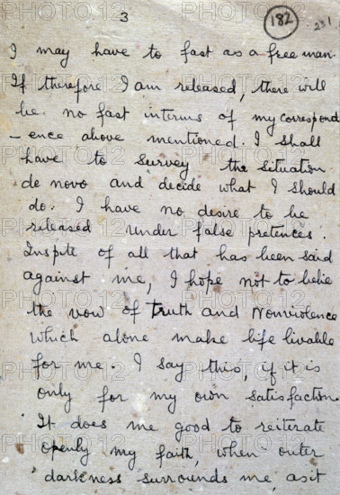Second page of a letter from Gandhi to Sir Richard Tottenham, 1943. '(Circumstances may arise, as they have done before now, when) I may have to fast as a free man. If therefore I am released, there will be no fast in terms of my correspondence above mentioned. I shall have to survey the situation de novo and decide what I should do. I have no desire to be released under false pretences. In spite of all that has been said against me, I have not to belie the vow of Truth and Non-violence which alone makes life liveable for me. I say this, if it is only for my own satisfaction. It does me good to reiterate openly my faith when outer darkness surrounds me, as it (does just now)'. In 1942, a British mission had offered India dominion status, but this was rejected by Mahatma Gandhi and the Congress party. The 73-year old Gandhi was imprisoned, and started a 21-day penitential fast. Concerned about Gandhi's health, the British offered to release him temporarily, but, in this letter of 8 Febr...