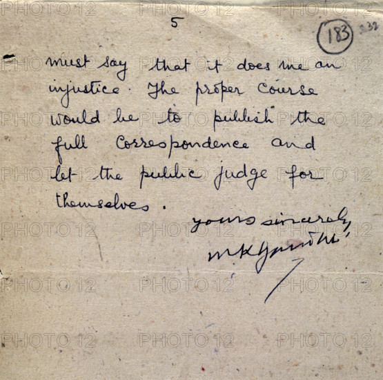 Final page of a letter from Gandhi to Sir Richard Tottenham, 1943. '(I) must say that it does me an injustice. The proper course would be to publish the full correspondence and let the public judge for themselves. Yours sincerely, M.K. Gandhi'. In 1942, a British mission had offered India dominion status, but this was rejected by Mahatma Gandhi and the Congress party. The 73-year old Gandhi was imprisoned, and started a 21-day penitential fast. Concerned about Gandhi's health, the British offered to release him temporarily, but, in this letter of 8 February 1943 to Sir Richard Tottenham, the Secretary of State for the Home Department of the Government of India, Gandhi refused the offer. Gandhi survived the fast, but in 1944 his health deteriorated further, and he was released from jail.