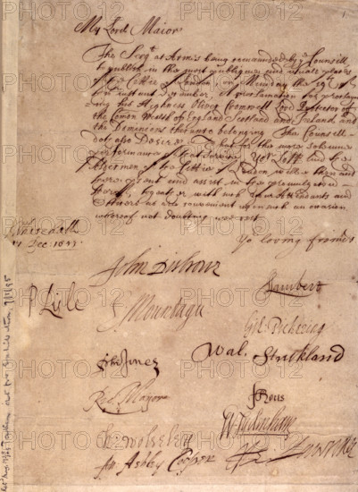 Order proclaiming Oliver Cromwell as Protector of England, 1653. After the victory of parliament in the Civil War, Oliver Cromwell took a leading part in the trial and execution of Charles I. However, increasing conflicts between the army and parliament over the issue of the future shape of the constitution convinced Cromwell that he should assume supreme power, but with the title of Protector, rather than as King. This is the order of the council of state, an executive body set up after Charles's execution, for the proclamation of 'His Highness Oliver Cromwell' as Lord Protector.