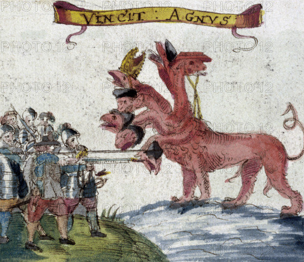 A banner of the parliamentary army, English Civil War, c1642-c1646. Drawing of a parliamentary commander's banner. The Beast of the Apocalypse, a many-headed monster, is being attacked by soldiers. One of the heads is wearing a bishop's mitre. 'Vincit Agnus' means 'the Lamb [of God] conquers'. From Banners of the Parliamentary Commanders.