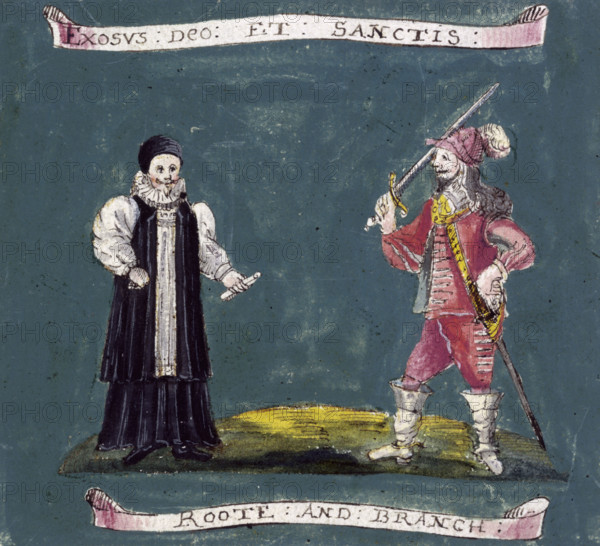 A banner of the parliamentary army, English Civil War, c1642-c1646. Drawing of a Parliamentary commander's banner. The inscriptions read: 'Exosus Deo et Sanctis [Hated by God and the Saints?]; Roote and Branch'.