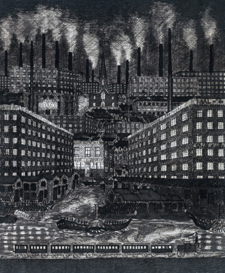 Industrial landscape drawn by Chartist leader Ernest Jones, c1848-c1850. Ernest Jones was one of the leaders of the Chartist movement, which sought to achieve universal suffrage and radical social reform in the middle of the 19th century. Jones was imprisoned from 1848 to 1850 for making seditious speeches, and this drawing was made by him while he was in prison, using paper and ink saved from his allowance for writing letters home. Its depiction of a gloomy, nightmarish urban and industrial landscape reflects the movement's abhorrence of the cramped, polluted towns which arose as a consequence of the Industrial Revolution.