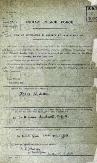 George Orwell's application papers to join the 'Indian Police Force', (Burma Police), 1922. The British author George Orwell served in the Burma police from 1922 to 1927. His experiences inspired his first novel, "Burmese Days", published in 1934. On the forms he uses his real name, Eric Blair.
