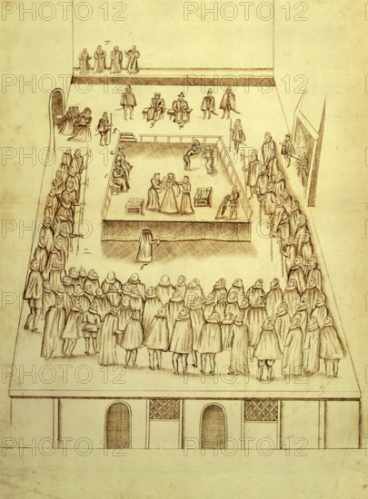 The execution of Mary, Queen of Scots, 1587. Mary's cousin, Elizabeth I, was sympathetic to her plight when she was forced to flee to England in 1567. However, as a Catholic with a claim to the English throne, Mary was a focus for plots, and she was confined to prison. Eventually she was brought to trial for complicity in a conspiracy, and executed at Fotheringhay Castle, Northamptonshire. Robert Beale was an official of Queen Elizabeth's council who carried the death warrant for Mary to Fotheringhay. His papers include sketches of the trial and execution of Mary. This sketch shows Mary attended by her women on the scaffold, and then with her head on the chopping block as the executioner raises his axe.