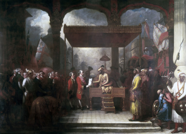 Robert Clive receiving the land revenues of Bengal, Bihar and Orissa, 1765, (early 19th century). After his defeat of the Nawab of Bengal at the Battle of Plassey, British military officer Clive (1725-1774) was appointed the first governor and commander-in-chief in India in 1763. In 1765, the Mughal Emperor granted the East India Company responsibility for running the civil administration in Bengal, as depicted in this painting, commissioned by the East India Company from Benjamin West. When Clive left India in January 1767 he had a fortune of £900,000.