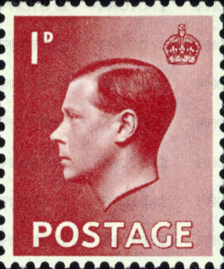 Postage stamp with portrait of King Edward VIII, 1936. During Edward's brief period as King, only one set of four stamps were issued for Great Britain. Essays for stamp issues in the Empire and Commonwealth were prepared, but not issued.