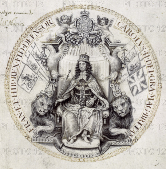 Design for a great seal for King Charles II, 1662. The famous English medallist and seal engraver Thomas Simon had produced coins and seals for Oliver Cromwell. After the Restoration, he was supplanted by a royalist, but petitioned Charles II for work. Charles was impressed, and Simon was eventually reinstated as the chief designer of coins and seals. The reasons for Charles's enthusiasm are apparent from this superb design for a great seal for the king included in this warrant of 1662 authorising the making of the seal.
