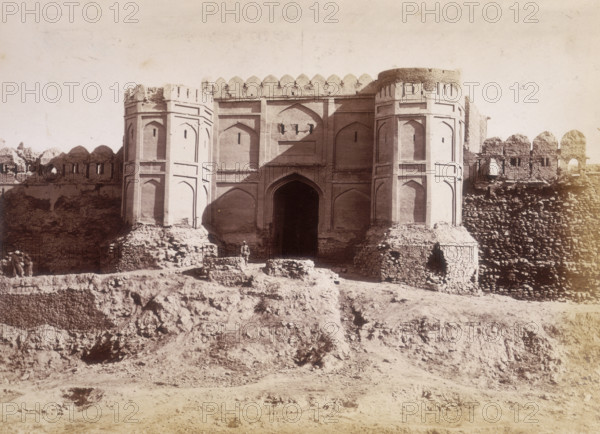 Bala Hissar gate, leading to city of Kabul, Afghanistan, c1879. This was the residence of the Kabul ruler and his court. It was destroyed on order of the British General Roberts in 1878-1879, during the second Afghan War, and was eventually reconstructed at a later date. Lieutenant Walter Hamilton made his last stand here, as commander of a military detachment of the Corps of Guides, for the British Resident at Kabul, Sir Louis Cavagnari. On 3rd September 1879 the members of the Residency were attacked by thousands of Afghans. Hamilton and the vast majority of the defenders were killed. The word Bala Hissar refers to a citadel or fortress within a walled town on top of a ridge or hill. Most old Afghan cities had one, serving as residences for Afghan rulers.