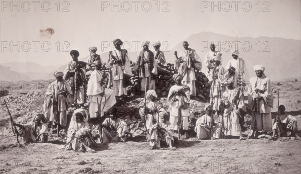 Afreedie Picket near Jamrood, Northwest Frontier Province, (now Pakistan), 1878. Jamrud is located at the entrance to the Khyber Pass, about 10 miles (17 km) from Peshawar. The Afridi tribe traditionally exercised the right of toll in the Khyber so during the 2nd Afghan War they harassed British communications in the pass until a force was sent to traverse their country. After suffering serious losses, the tribesmen made their submission. Several Afridi clans, such as the Zakha Khel, were also paid subsidies to cease their raiding.