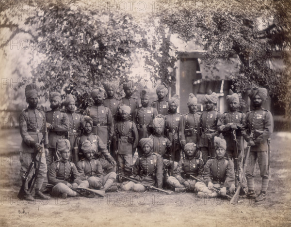 Group of infantry, Queen's Own Corps of Guides, c1880. The Corps of Guides was a regiment of the British Indian Army, made up of British and Indian officers, plus Indian cavalry sowars and infantry sepoys, primarily intended for service on the North West Frontier. The regiment served in the second Afghan War, before returning to India.