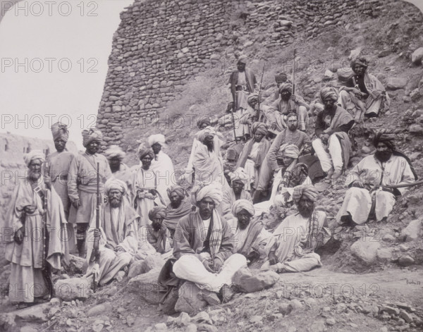 Khyber chiefs and khans with Captain Tucker, Political Officer in Jamrood Fort, Northwest Frontier Province, 1878. British official with locals during the Second Afghan War; the fort is in what is now Pakistan.