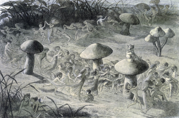 'Water lilies and water fairies of the period', c1869-c1870. An assortment of fairies, nymphs and elves are dancing around toadstools. From "In Fairy land. A series of pictures from the elf-world by Richard Doyle. With a poem by W Allingham." (London, 1869-1870).