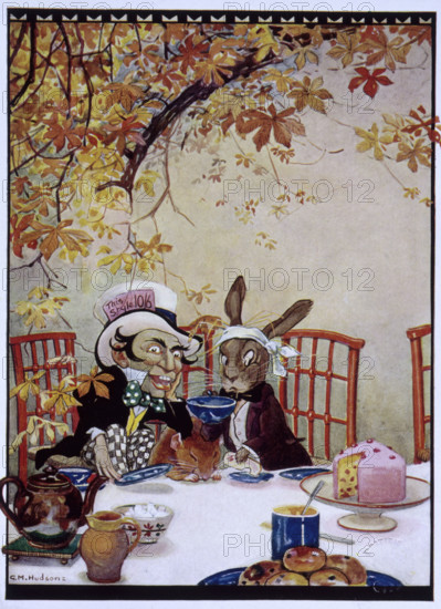 The March Hare and the Mad Hatter having tea, Alice's Adventures in Wonderland, 1922.
