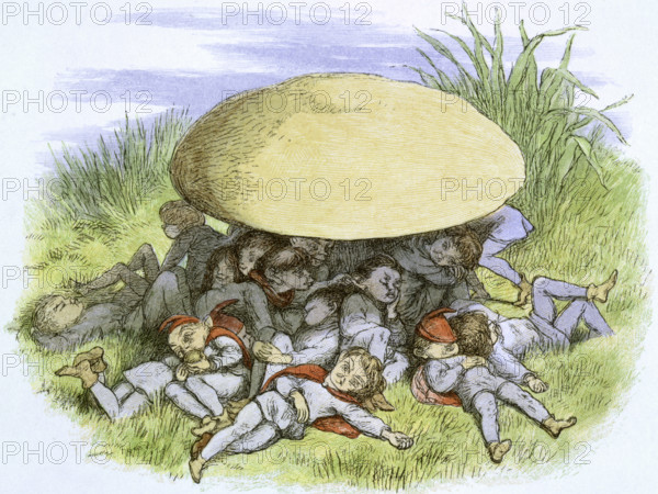 'Reposing - Water lilies and water fairies of the period', c1869-c1870. A group of elves rest under the shelter of a toadstool. From "In Fairy land. A series of pictures from the elf-world by Richard Doyle. With a poem by W Allingham." (London, 1869-1870).