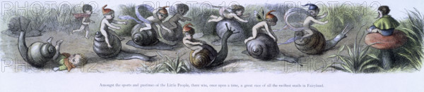 'Water lilies and water fairies of the period', c1869-c1870. 'Amongst the sports and pastimes of the Little People, there was, once upon a time, a great race of all the swiftest snails in Fairyland'. An assortment of fairies, nymphs and elves ride on the shells of snails. From "In Fairy land. A series of pictures from the elf-world by Richard Doyle. With a poem by W Allingham." (London, 1869-1870).