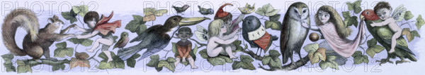'Water lilies and water fairies of the period', c1869-c1870. Fairy child's play. An assortment of fairies, nymphs and elves amuse themselves on a vine with birds and a squirrel. From "In Fairy land. A series of pictures from the elf-world by Richard Doyle. With a poem by W Allingham." (London, 1869-1870).