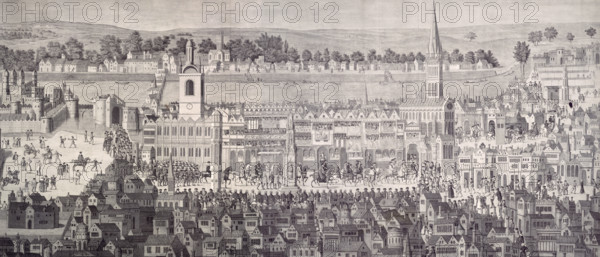The procession of King Edward VI. from the Tower of London to Westminster, February 19, 1547, previous to his coronation, (1787). The long procession makes its way from the Tower, which is on the far left and surrounded by water, to Westminster Abbey. The procession is made up of dignitaries, soldiers and members of the court. Banners have been hung from the main building in the centre of the picture, in celebration. Officials line the procession path, and people make their way through the narrow streets to watch the event. Edward was crowned king in 1547 at the age of ten. From a coeval painting at Cowdry.